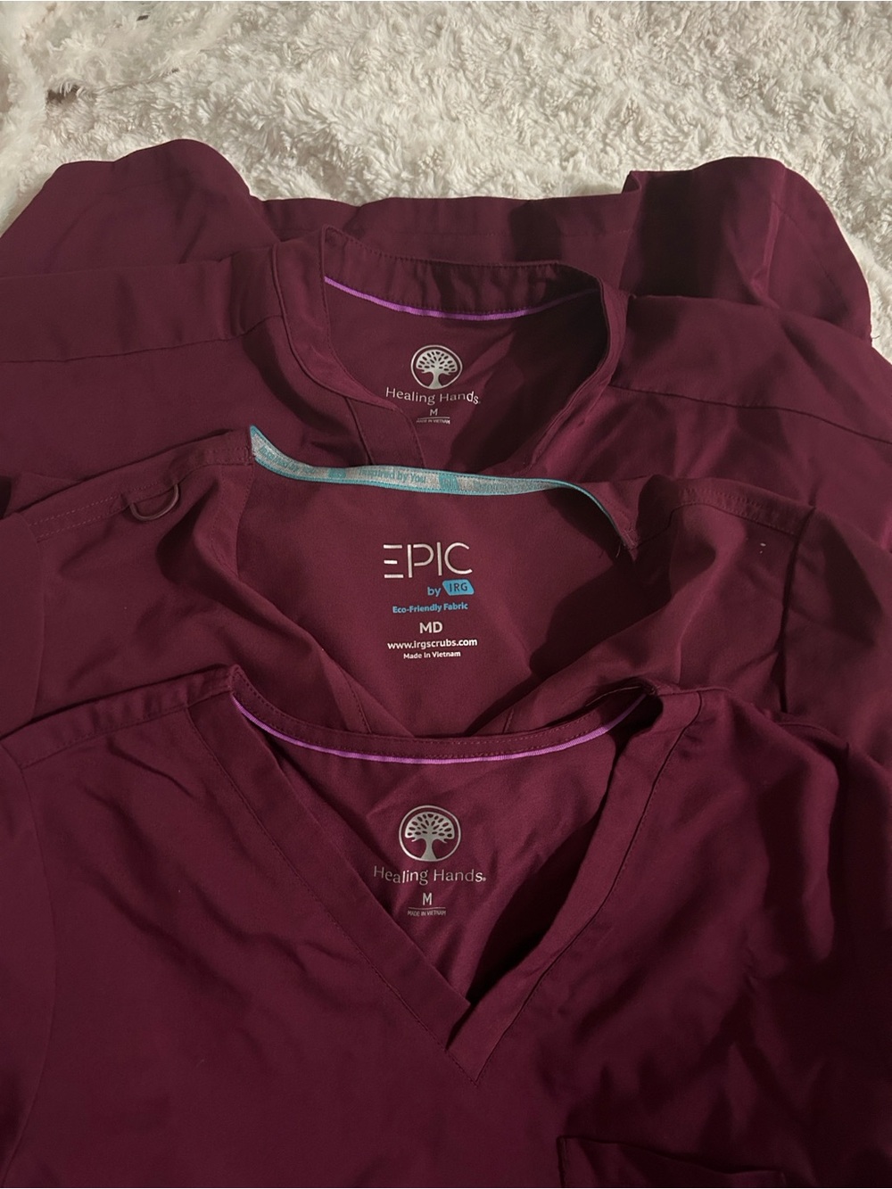 3 Tot Scrub Tops 2-healing hands in Burgundy 1- Epic Burgundy
